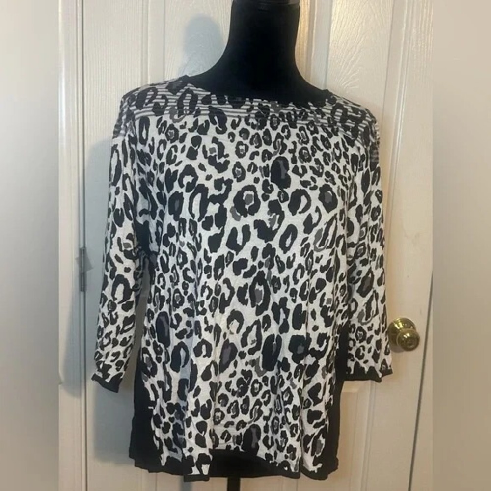 Investments II Womens 1X Leopard Print 3/4 Sleeve Knit‎ Top Black White Animal